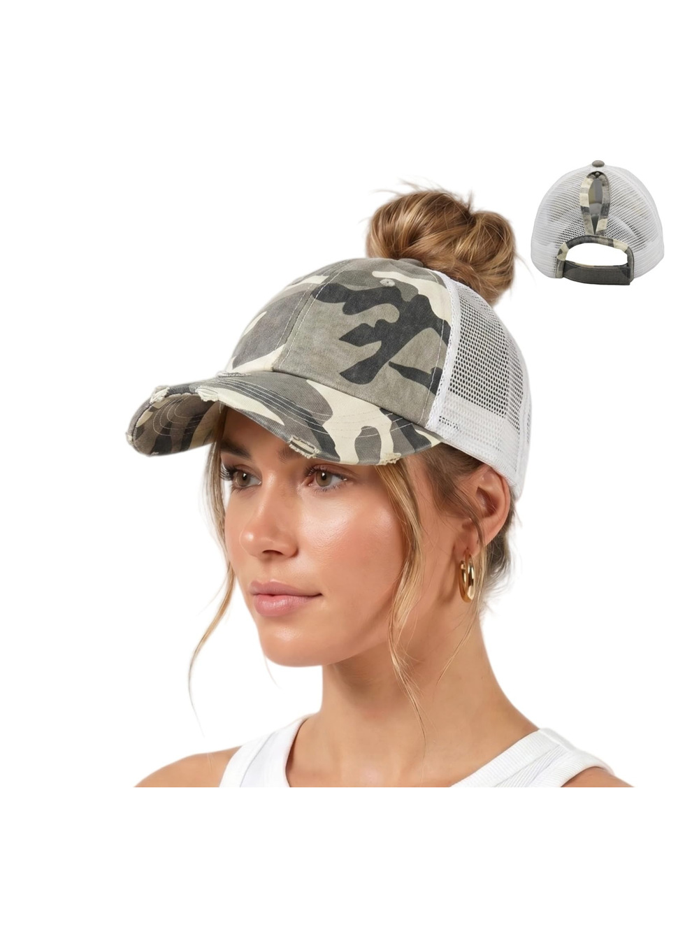 Womens High Ponytail Messy Bun Baseball Caps | Camo Fabric Gray | Size OS